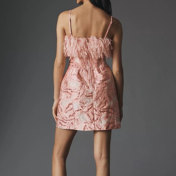 Anthropologie Strapless Feathered Metallic Mini Dress Pink Size XS - Picture 2 of 5